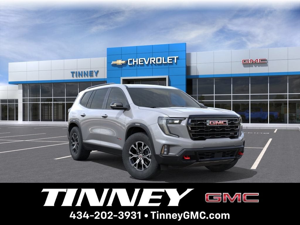 2026 GMC Acadia AT4 in Sterling Metallic — front three-quarter view