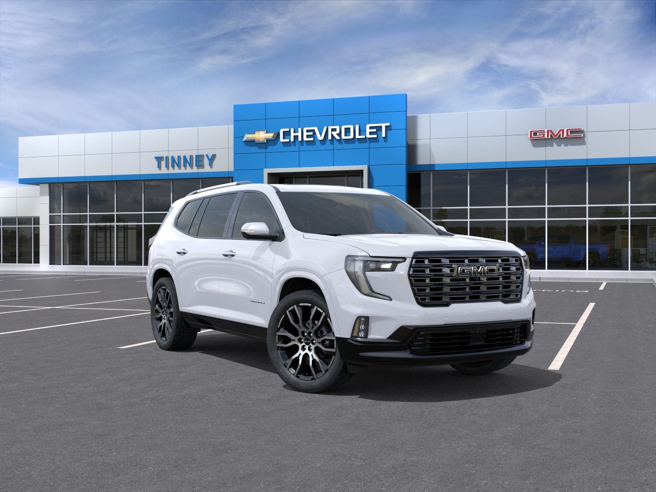 2026 GMC Acadia Denali Ultimate in Summit White — front three-quarter view
